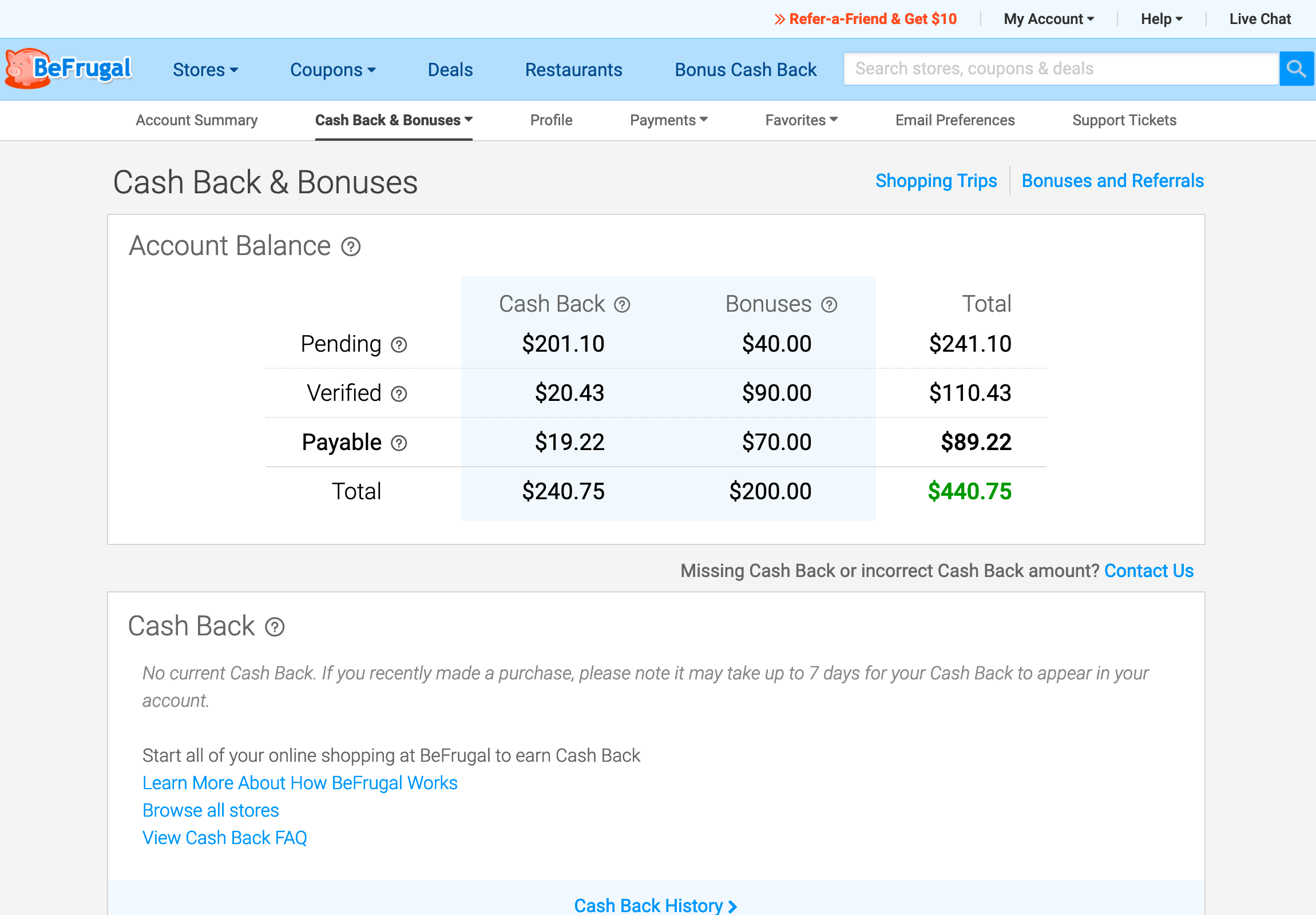 My balance on BeFrugal.com